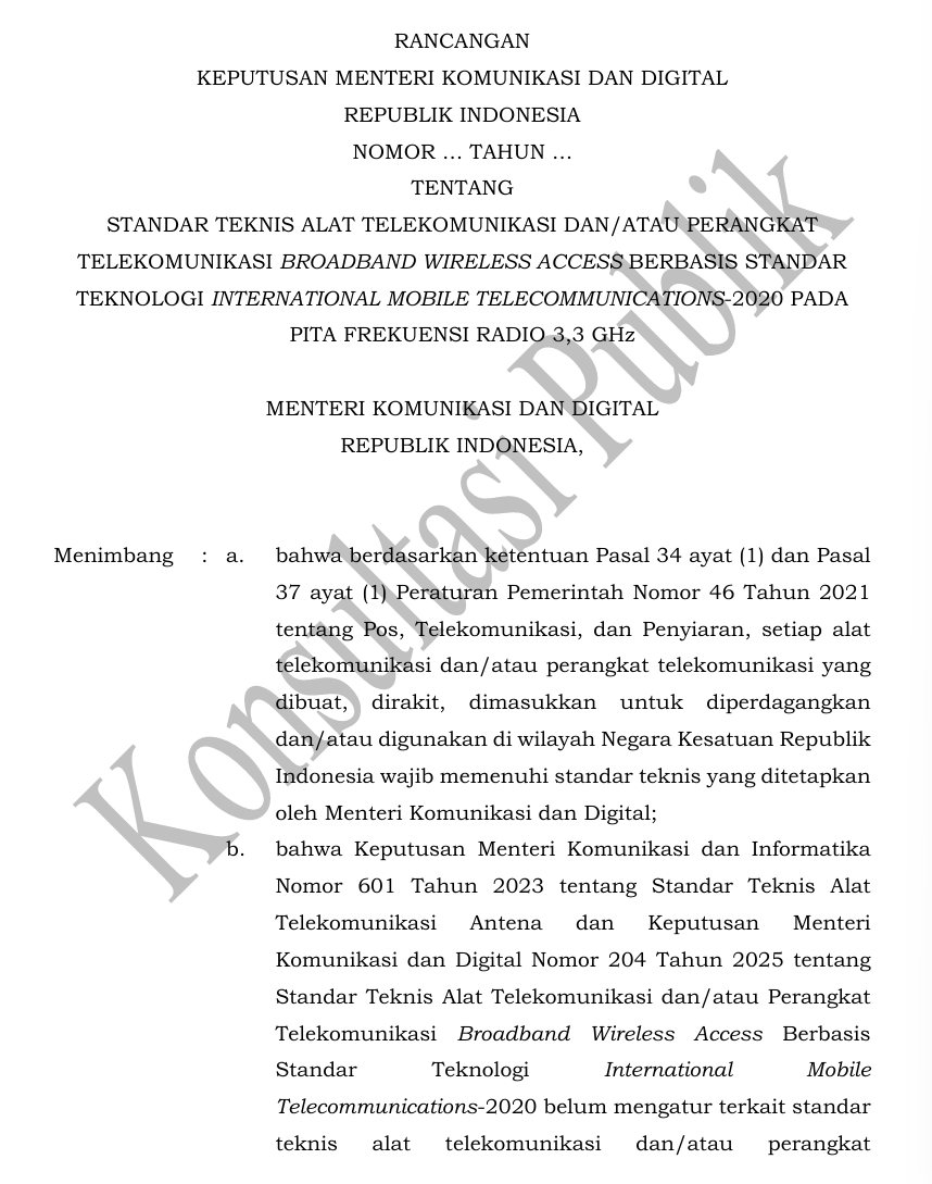 印尼通信与数字部KOMDIGI发布关于3.3 GHz频段5G BWA设备技术标准的公众咨询(图1) 印尼通信与数字部KOMDIGI发布关于3.3 GHz频段5G BWA设备技术标准的公众咨询(图1)